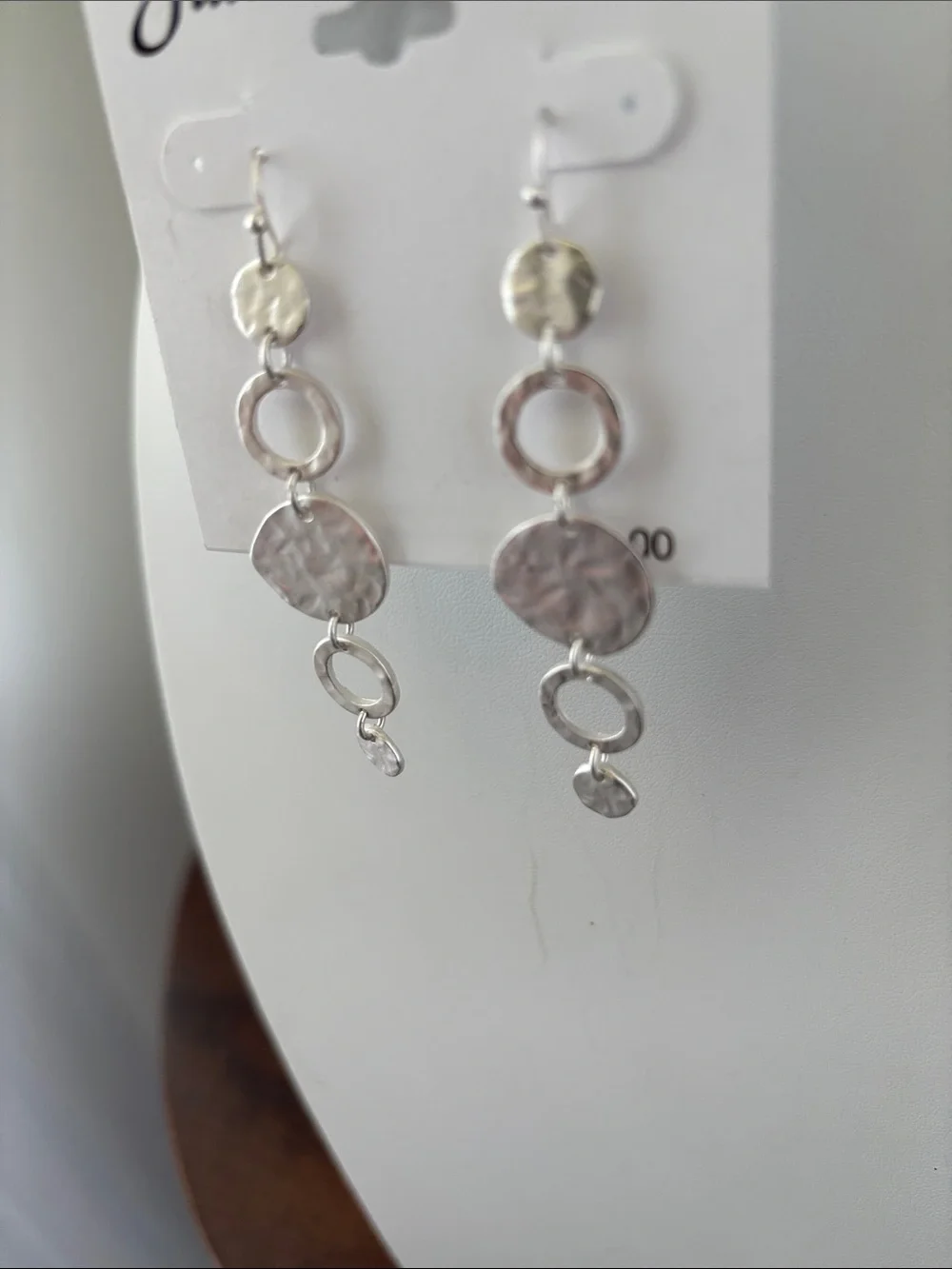 Jillian Michel hammered silvertone metal circular rings & discs,dangle,fishhook